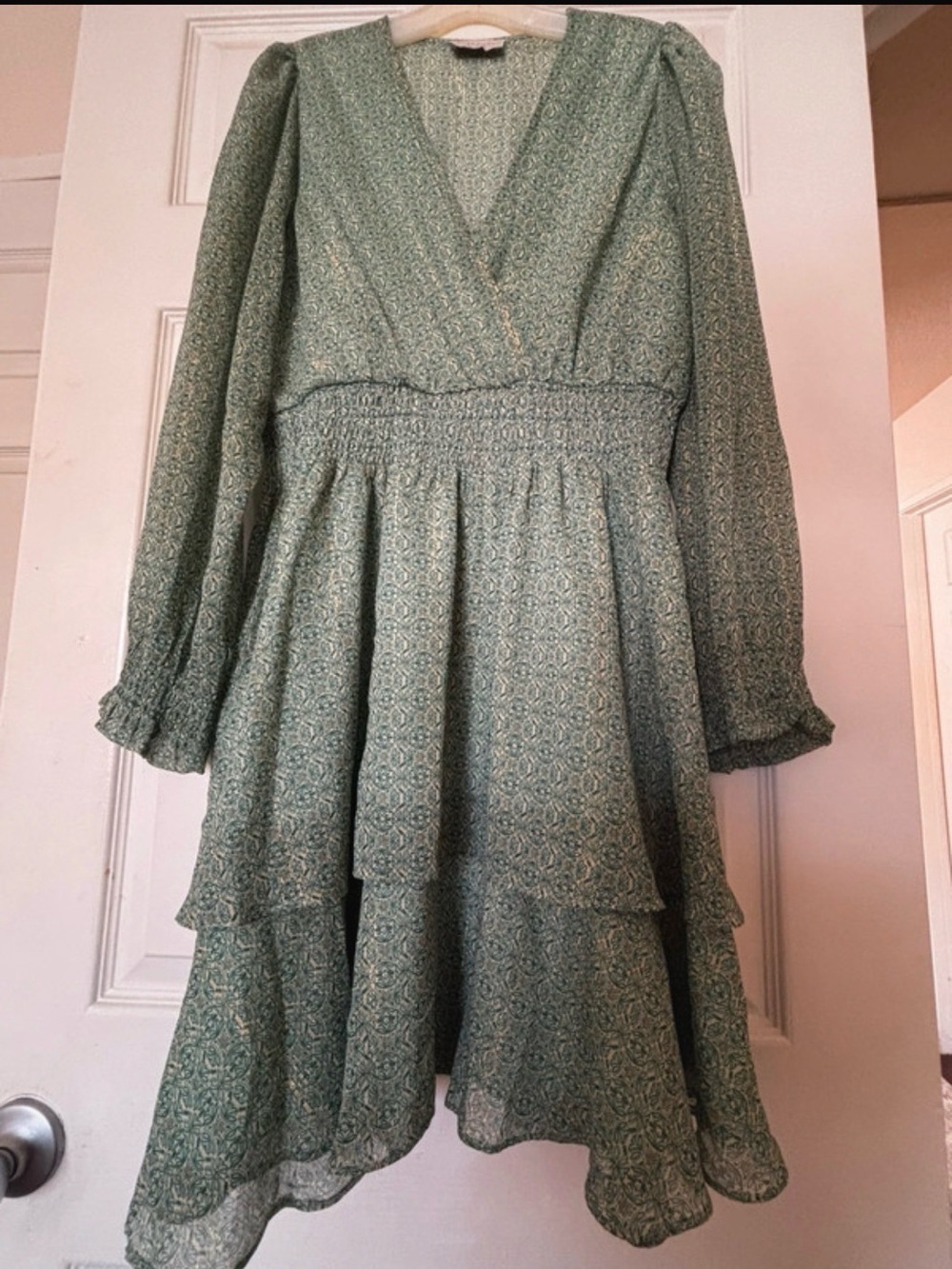 Dress Forum Green Printed Tiered Long Sleeve Dress